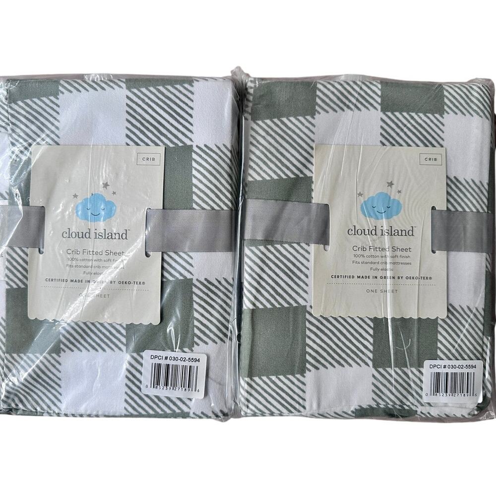 2-Pack Cloud Island Crib Fitted Sheets Green Gingham – 100%‎ Cotton NWT